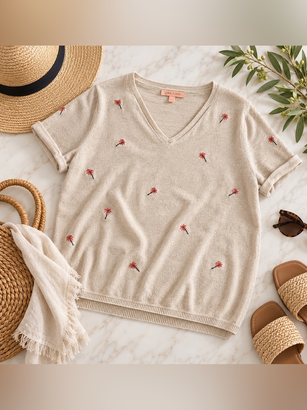 Lisa Todd Beige V-Neck with Coral Embroidery Large
